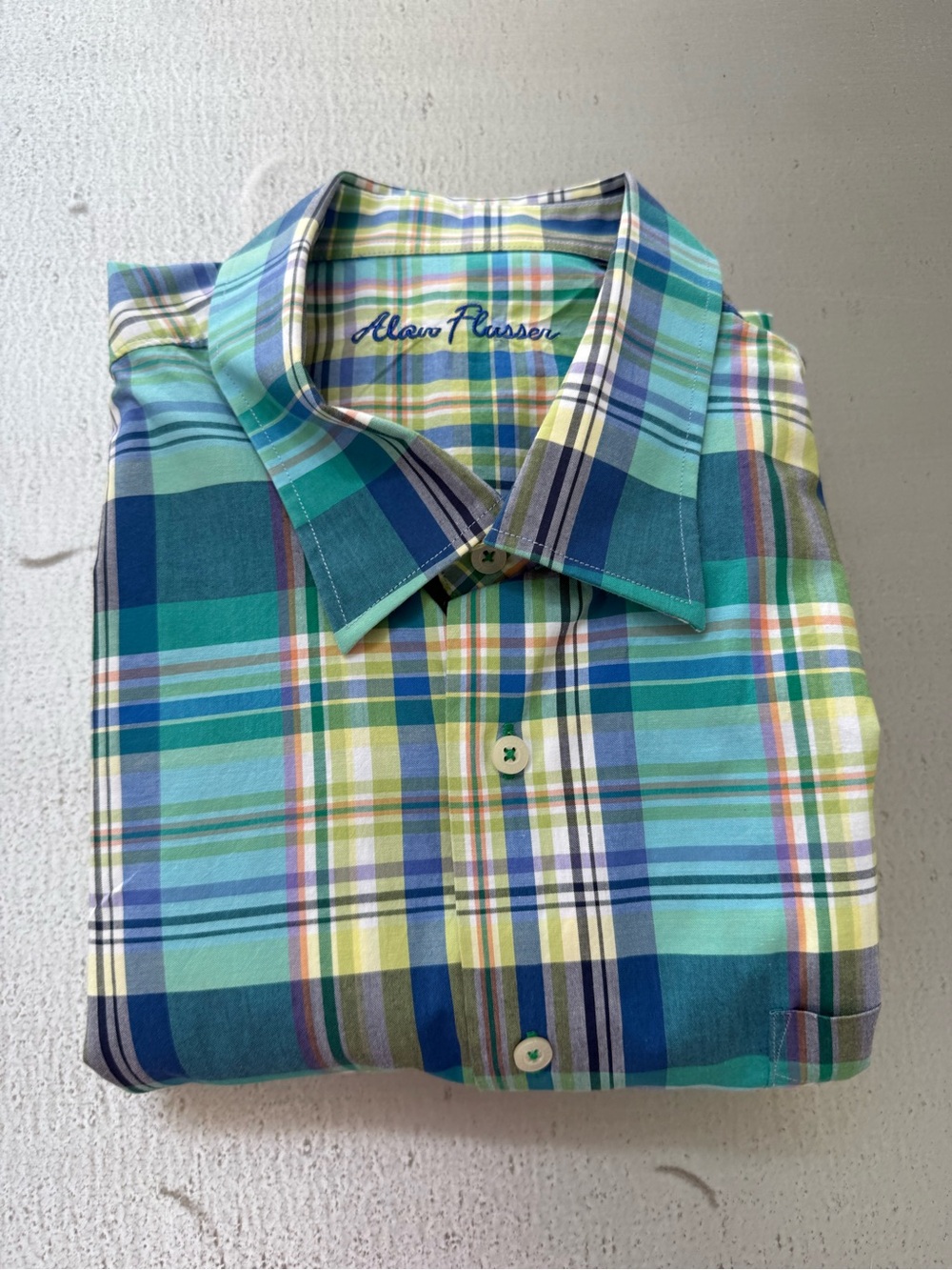 Alan Flusser Men’s Teal, Blue & Yellow Plaid Button-Down Shirt
